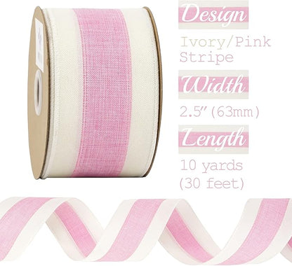 MEEDEE Pink White Stripe Wired Burlap Ribbon with Ivory Stripes Edge - 2.5 Inch, Light Pink (10 Yards) for Wreaths, Garland, Lantern, Mailbox Topper Bow