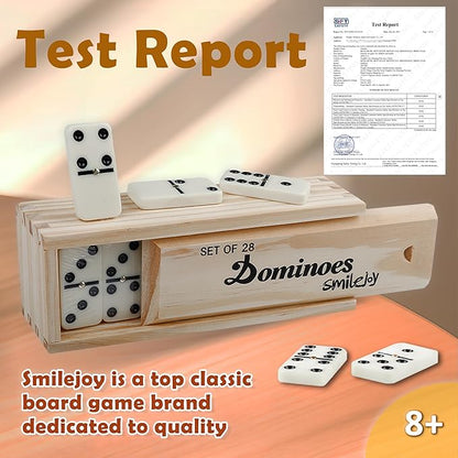 Smilejoy Dominoes Set for Adults, Domino Set for Classic Board Games, Double 6 Domino Game Set 28 Pieces with Natural Wood Case (2 Players)