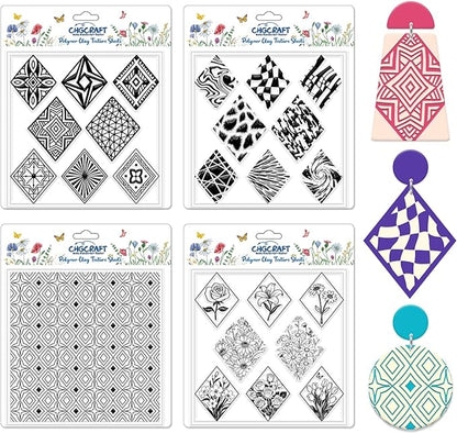 CHGCRAFT 4 Pcs Rhombus Pattern Polymer Clay Texture Sheets Abstract Art Silicone Texture Stamp Rhombus Flowers Modeling Pattern Pad Sheets for Jewelry and Earrings Tools, 5.5x5.5 inch