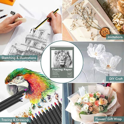 Tracing Paper 8.5" x 11", 112 Sheets Transparent Vellum Paper for Tracing Pads, Christmas Birthday Gifts for Adults Teens, 25lb/41gsm Translucent Tracing Paper for Sketching, Drawing, Overlays
