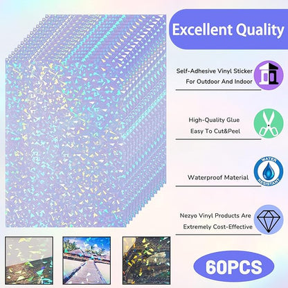 Nezyo 60 Sheets Holographic Laminate Sheets Clear Glitter A4 Size Vinyl Sticker Paper Holographic Overlay Self Adhesive Waterproof Transparent Film, 11.7 x 8.3 Inch (Broken Grass)