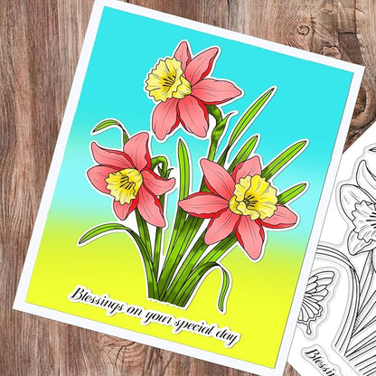 ORIGACH Realistic Daffodil Flower Stamps and Dies and Layering Coloring Stencil Set, Silicone Stamps Metal Die Cut and Flower Stencil Template for Card Making Scrapbooking DIY Crafting