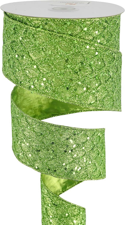 HUIHUANG Lime Green Wired Ribbon for Christmas Tree 2.5 inch Lime Green Glitter Diamond Mesh Ribbon for Tree Decoration, Wreaths, Garland, Gift Wrapping, Bows Making, Halloween Decor -10 Yards