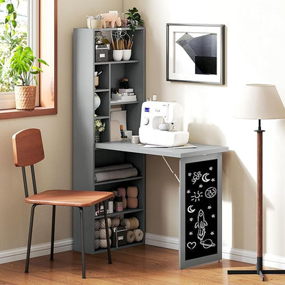 HOMCOM Fold-Out Convertible Writing Table, Wall Mount Desk Cabinet with Blackboard and Side Shelf Multi-Function Home Office Workstation, Charcoal Gray