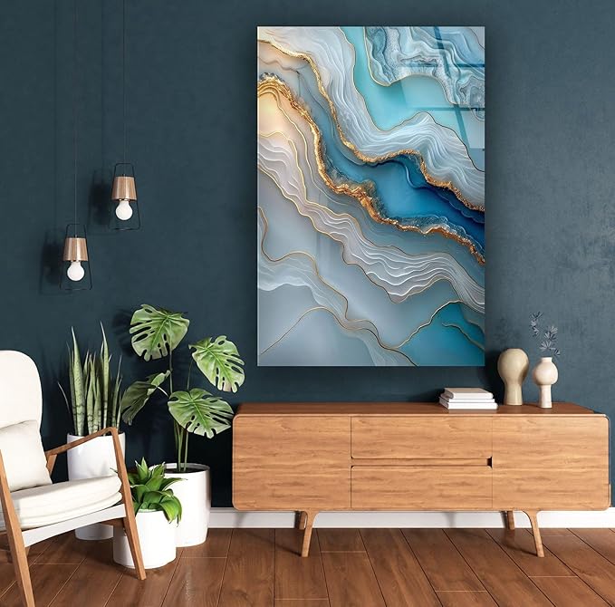 My Photostation.com 24Wx30H'' Turquoise and Blue Alcohol ink Glass Wall Art Tempered Glass Printing Wall Decor Large Wall Art Wall Hangings