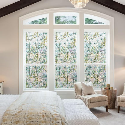 NINETREX Window Privacy Film Stained Glass Window Film 3D Decorative Cling,Sun Blocking Static Cling Removable Film for Glass Door,Home Decor Window Cover Non-Adhesive 17.5 x 78.7 inches,Leaf
