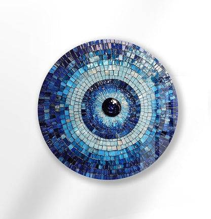 My Photostation.com 20''(50cm) Diameter Blue Mosaic Evil Eye Round Glass Wall Art Tempered Glass Printing Wall Decor Large Wall Art Wall Hangings