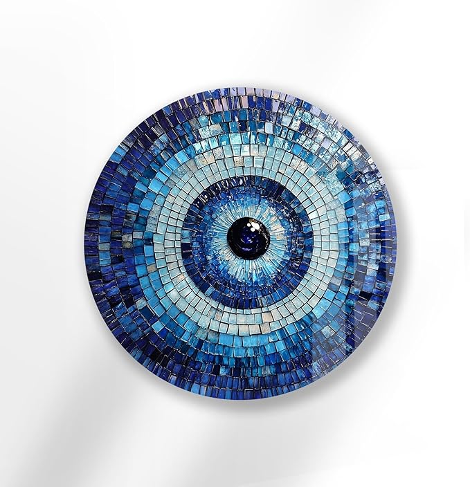 My Photostation.com 27.5''(70cm) Diameter Blue Mosaic Evil Eye Round Glass Wall Art Tempered Glass Printing Wall Decor Large Wall Art Wall Hangings