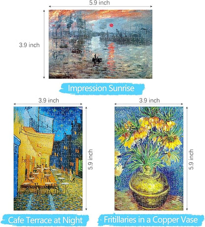 150 Pieces Mini Jigsaw Puzzle for Adults & Kids - 6" x 4" Small Capsule Tube Intelligent Game - Impression Sunrise, Fritillaries in a Copper Vase, Cafe Terrace at Night 3 Pack