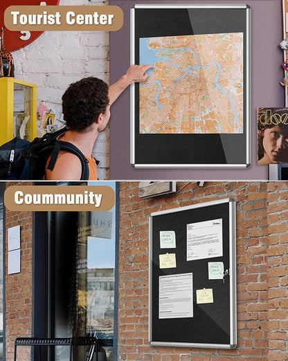 38"x28" Enclosed Bulletin Board, Lockable Weather-Resistant Aluminum Cork Noticeboard for School & Office, Silver Frame w/Black Flet