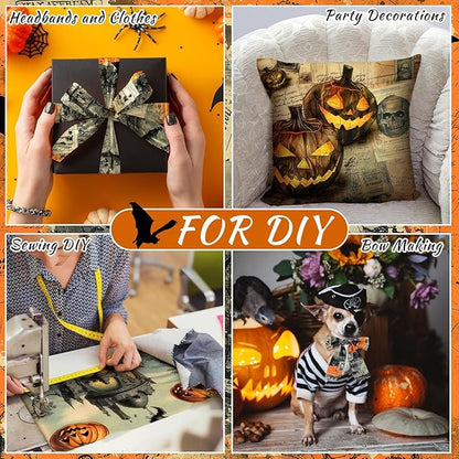 Ganeen 60 Pcs 10 x 10 Inch Vintage Halloween Quilting Fabric Squares Spooky Gothic Fabric Bundle Pumpkin Skull Black Cat Fat Patchwork Precut Stripe for Holiday Handmade Material Sewing DIY Craft