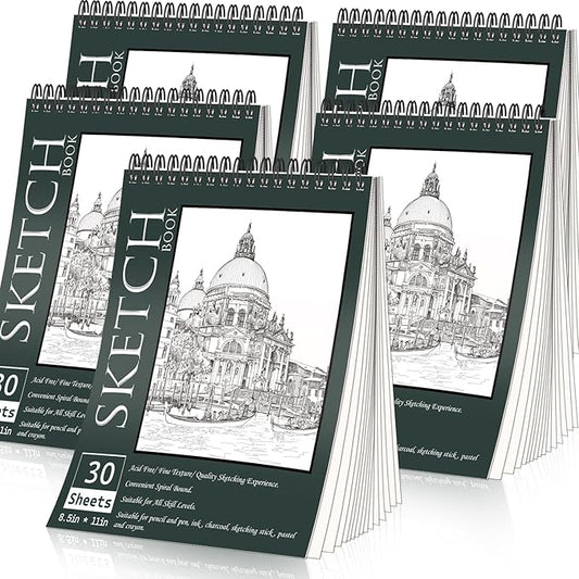 OSIMIG 5 Pack Sketch Book 8.5" x 11" Set, Top Spiral Bound Sketch Pad 150 Sheet Total (68lb/100gsm), Drawing Paper Pad, Sketch Book for Kids, Artist, Adult Art Supplies