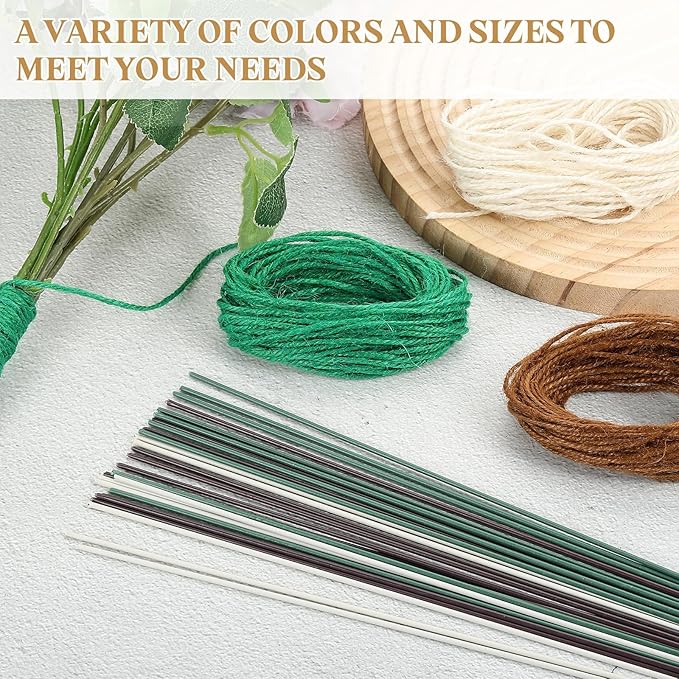 uxcell 100Pcs 2 Gauge Floral Wire, 11.81" Length Flower Stem Wires with 0.08" x 32.8ft Twine for Wreath Making, Flower Arrangement, Green