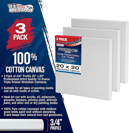 U.S. Art Supply 20 x 20 inch Stretched Canvas 12-Ounce Triple Primed, 3-Pack - Professional Artist Quality White Blank 3/4" Profile, 100% Cotton, Heavy-Weight Gesso - Acrylic Pouring, Oil Painting