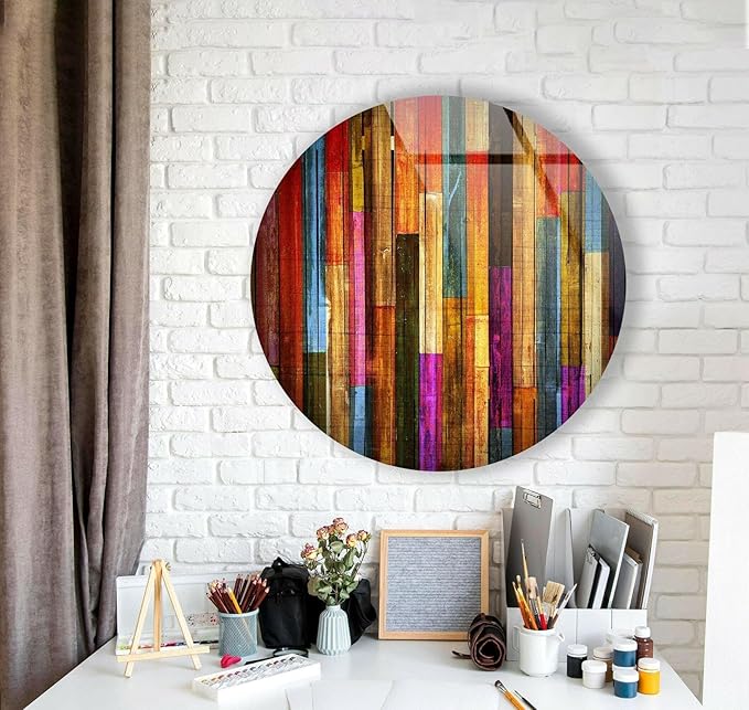 My Photostation.com 10''(25cm) Diameter Colorful Wood Pattern Round Glass Wall Art Tempered Glass Printing Wall Decor Large Wall Art Wall Hangings