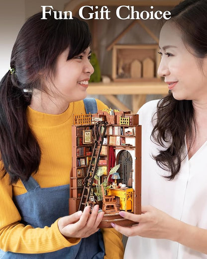 ROBOTIME Book Nook Kit, DIY Miniature House Kit, 3D Wooden Puzzle Bookends,Bookshelf Decor, Simple Assembly Dollhouse Kit, Creative Unique Gifts for Adults/Teens/Beginner (Silent Corner Study)