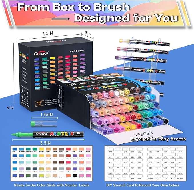 Overseas Acrylic Paint Markers 60 Colors, Brush Tip Paint Pens with Automatic Ink Control System, Quick Drying Liquid Ink Acrylic Marker for Rock, Wood, Canvas, Glass, Fabric, Metal, Plastic, Rubber