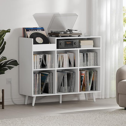Cozy Castle Large Record Player Stand, Vinyl Storage Cabinet Mid Century Modern Turntable Stand Media Console Table Open Shelf Cube CD Album Holder Organizer for Living Room, Office, White