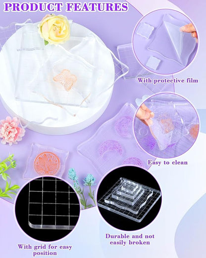 7 Pieces FIVEIZERO Acrylic Stamp Block, Assorted Sizes Clear Stamping Blocks Tools with Grid Lines for Scrapbooking Crafts Card Making and Decorative DIY Essential Stamping Tool(Lace Edge)