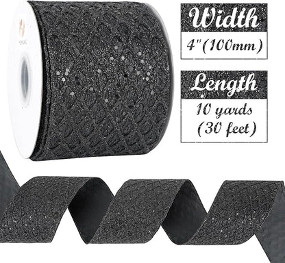 HUIHUANG Black Glitter Wired Ribbon 4 inch Black Christmas Tree Ribbon Diamond Mesh Wire Ribbon for Tree Decorations, Wreaths, Garland, Large Bows Making, Halloween Decor -10 Yards