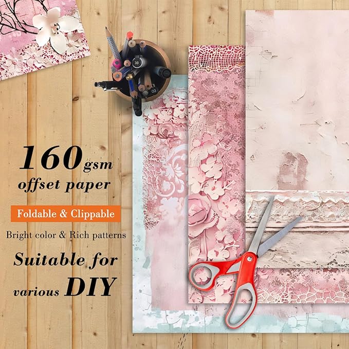 6 Inch Retro Pink Scrapbooking Paper Pad - 24 Sheets Double Sided Aesthetic Design Cards Paper for Photos Album Journals Material Decorative Collage Origami DIY Crafts Gifts Wrapping