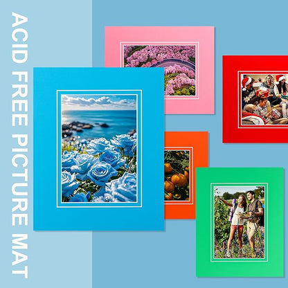 HOTUO 10 Pack Acid Free Colorful Picture Frame Mats, Pre-Cut 8x10 Picture Mats with Ivory Core Bevel Cut for 5x7 Photo, Signature Friendly 4 Ply Thickness Photo Mat for Frames (Colorful with V-Groove)