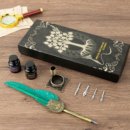 Feather Pen and Ink Set,quill pen ink set,Antique Calligraphy Pen with 4 Replaceable Nibs,2 Bottle of ink,Pen Holder Christmas Gift for Men&Women.(Green)