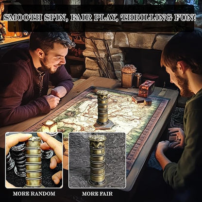 DND Dice Spinner Tower Set - Unique D4 D6 D8 D10 D10% D12 D20 All in One D&D Metal Dice - Cool Role Playing Gifts for Dungeons and Dragons TRPG MTG Games Lover Player (Tower-Ancient Bronze)