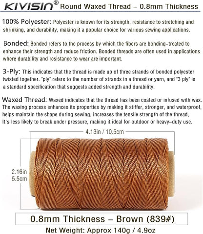 Bonded 0.8mm Round Waxed Polyester Cord, 3-ply Wax Coated Thread, 197 Yards Stiff String for Heavy Duty Fabric, Leather Sewing, Book Binding, Upholstery Repair, and Macrame Jewelry - Brown