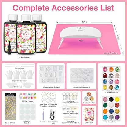 YIEHO 300g UV Resin Kit with Light and Molds, Upgraded Crystal Clear Hard UV Curing Premixed Resin Starter Jewelry Making Kit for DIY Keychain, Earring and Necklace