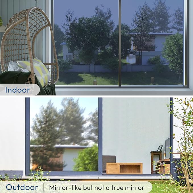 rabbitgoo Window Privacy Film One Way Window Tint for Home, Removable Reflective Heat Sun Blocking Anti UV Glass Door Covering, Mirror Tinting Film House Office, 29.5 in X 13.1 Feet, Blue Silver