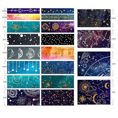 20 Rolls Galaxy Washi Tape Set Stars Arts Adhesive Tapes Gold Silver Foil Decorative Masking Tape Sets for Craft, Kids, Scrapbook, DIY, Gift Wrapping