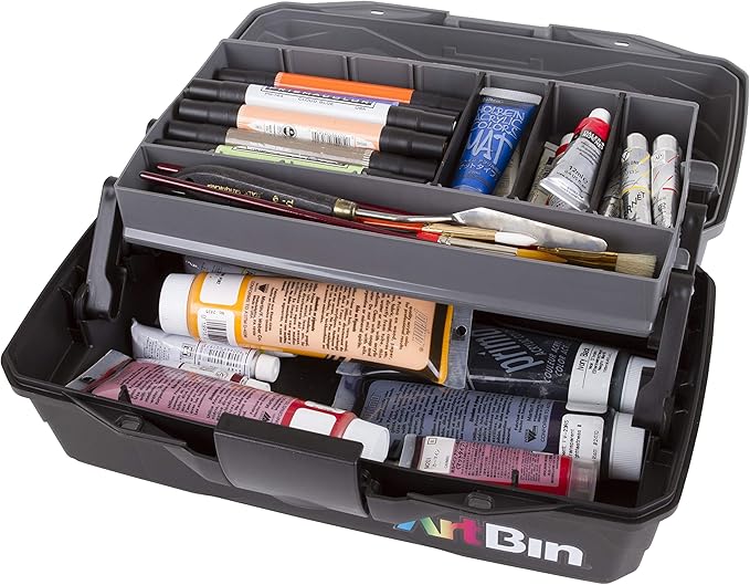 ArtBin 6891AG 1-Tray Art Supply Box, Portable Art & Craft Organizer with Lift-Up Tray, [1] Plastic Storage Case, Gray/Black