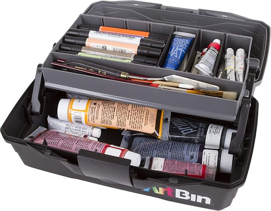 ArtBin 6891AG 1-Tray Art Supply Box, Portable Art & Craft Organizer with Lift-Up Tray, [1] Plastic Storage Case, Gray/Black