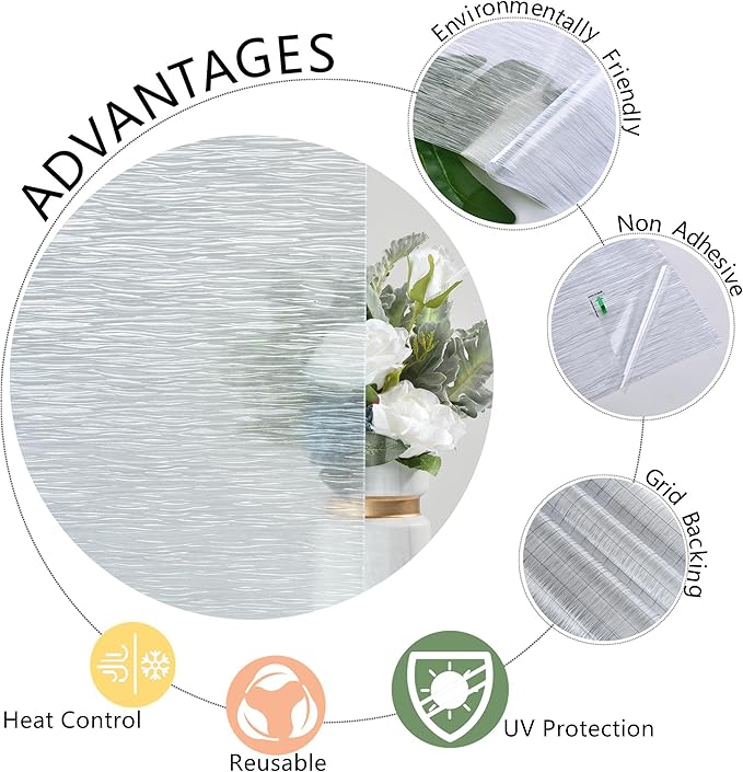 VELIMAX Frosted Window Privacy Film Non Adhesive Window Cling Removable Glass Covering Clear Water Opaque Window Film for Home Anti UV 35.4x157.4 inches