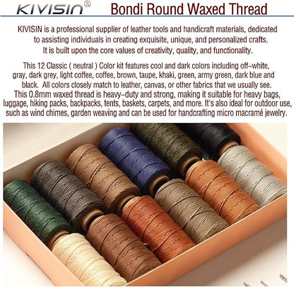12 Classic Colors Round Waxed Thread, 0.8mm 35Yards Spool Polyester Wax Coated Cord Heavy Duty String for Leather Sewing, Stitching, Bookbinding, Upholstery Repairing and Micro Braiding