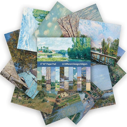 24 Sheets 12 Designs Scrapbook Paper Pad,6"×6” Single-Sided Decopodge Craft Cardstock Paper, Christmas Scrapbooking DIY Decorative Background Cardmaking Supplies.Famous Paintings