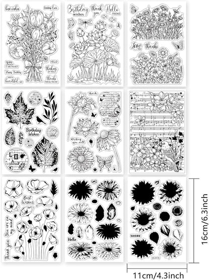 ORIGACH 9 Sheets Plants and Flowers Clear Stamps Silicone Transparent Stamps for Card Making Decoration and DIY Scrapbooking