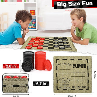 Giant Checkers Game Set - 3-in-1 Reversible Carpet for Kids & Adults - Oversized Indoor/Outdoor Mat for Family Fun & Parties