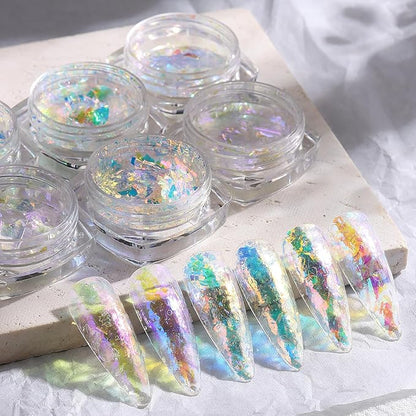 Holographic Opal Nail Art Glitter Flakes, 6 Colors Aurora Iridescent Pigment Powder Irregular Ice Crystal Mermaid Paillettes Sparkly Chunky Glitter Sequins for DIY Manicure Nail Decorations