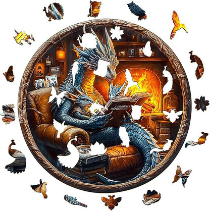 KAAYEE Wooden Puzzles for Adults, 3D Visual Effect Dragon Family Night Reading Wooden Jigsaw Puzzle Unique Shape Wood Puzzle Adult, 3D Effect Flat Puzzle Birthday Family Games (M-11.4*11.4 in-195pcs)