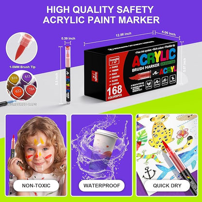 DICEKOO 168 Colors Acrylic Paint Markers, Soft Brush Tip Pens with Automatic Ink Control System, Waterproof, Quick-Drying, Lightfast, for Rock Painting, Canvas, Wood, Egg & DIY Crafts Art Supplies