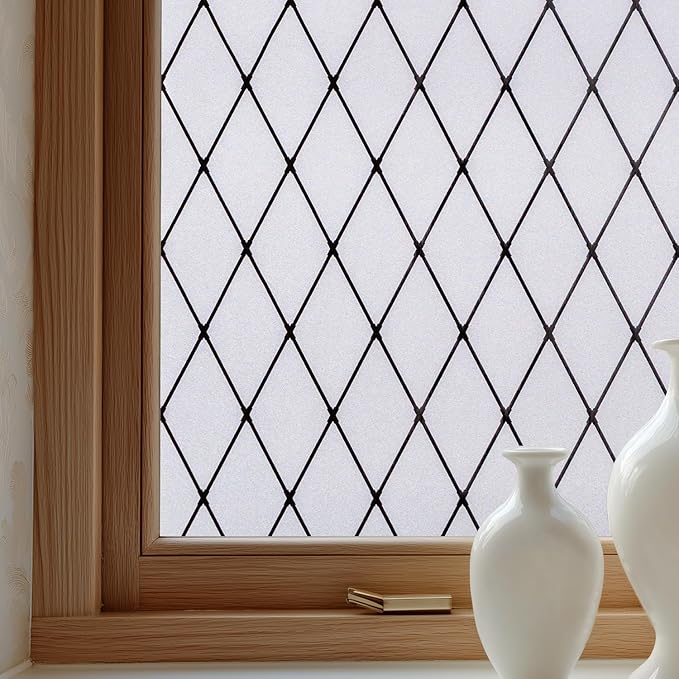 Window Privacy Film Decorative for Front Door, Bathroom Static Cling Stained Glass Sticker Opaque Heat Control UV Blocking Non-Adhesive for Home,Black Grid 35.4 x 78.7 inches