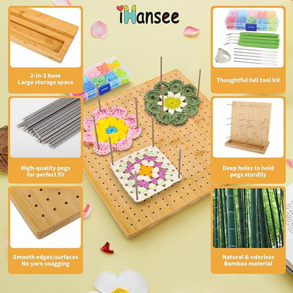iHansee 11" Crochet Blocking Board with 20 Pegs, 200 Stitch Markers, Bamboo Granny Square Blocking Boards for Crochet Projects, Knitting Crocheting Accessories Kit, Gifts for Crocheters