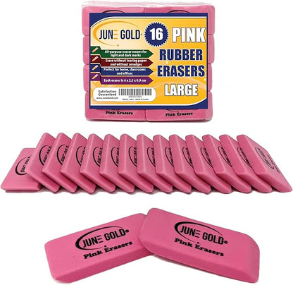 June Gold 16 Pink Rubber Erasers - This All-Purpose Eraser is not Too Hard and not Too Soft and is Perfect for classrooms, Homes & Offices