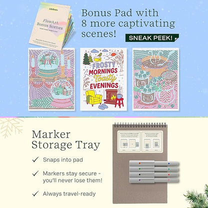 Lifelines FlowArt Activity Pad, 2-Pack Winter Set + Bonus Pad - Guided Art Meditations with Markers – Dot-by-Letter & Illuminate & Create - Coloring Books for Tweens, Adults & Seniors