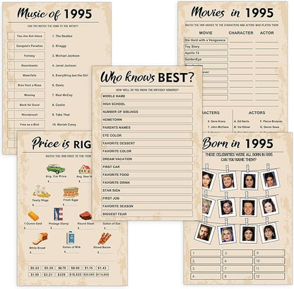 QUPT 30th Birthday Party Games, Set of 5 Activities for 10 Guests, Born in 1995 Games Bundle, Birthday Party Supplies for Adults, Pack of 50 Cards