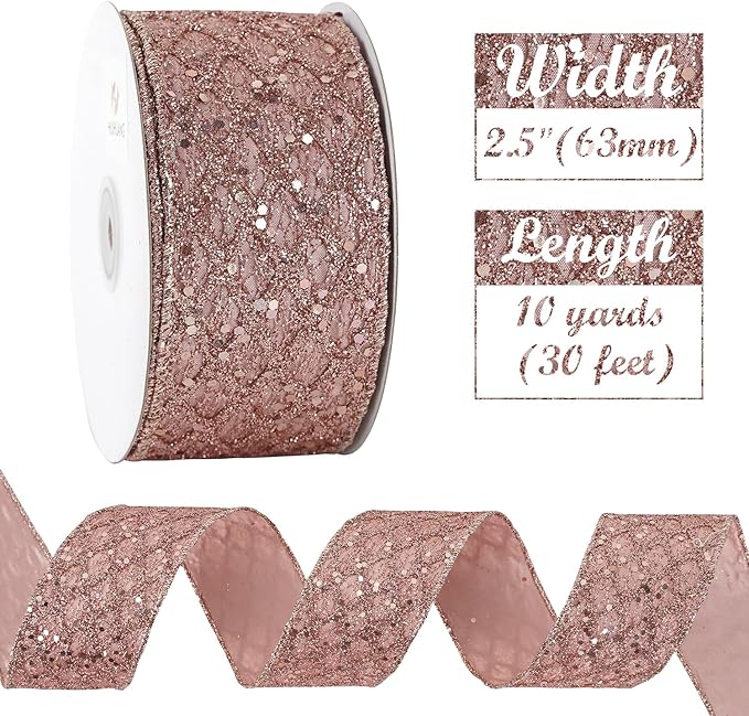 HUIHUANG Rose Gold Glitter Wired Ribbon for Christmas Tree 2.5 inch Rose Gold Diamond Mesh Ribbon for Tree Decoration, Wreaths, Garland, Gift Wrapping, Bows Making, Home Decor -10 Yards