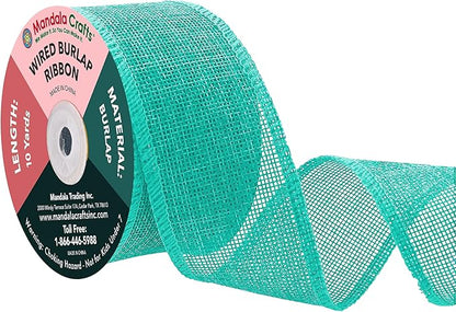 Mandala Crafts Turquoise Burlap Wired Ribbon 2 Inches Wide Jute Ribbons for Crafts - 10 Yds Roll Rustic Burlap Wrap Trim Ribbons for Wreaths Bows Party Decoration