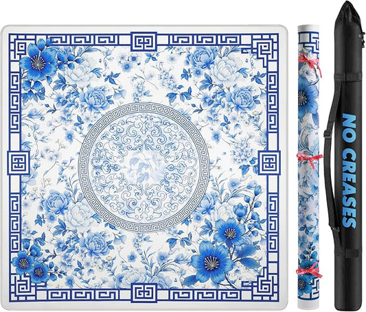 Mahjong Mat for Table 33x33 Inch, No-Crease, Anti-Slip, Noise-Reducing American Mahjong Mat, Mahjong Table Mat with Carry Bag,Neoprene Mahjong Mat for Poker, Card, Board(Blue)